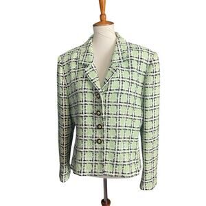 Carlise Tweed Blazer Women Size 14 Green & Black Plaid Preppy Vintage Buttons